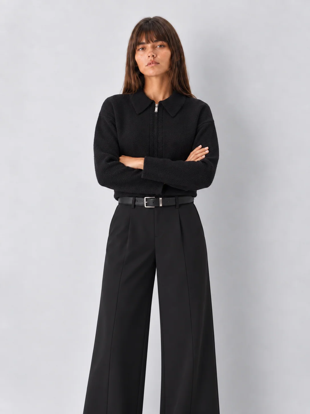 The Marnie Collared Full-Zip Relaxed Knit Sweater Jacket - kaelova