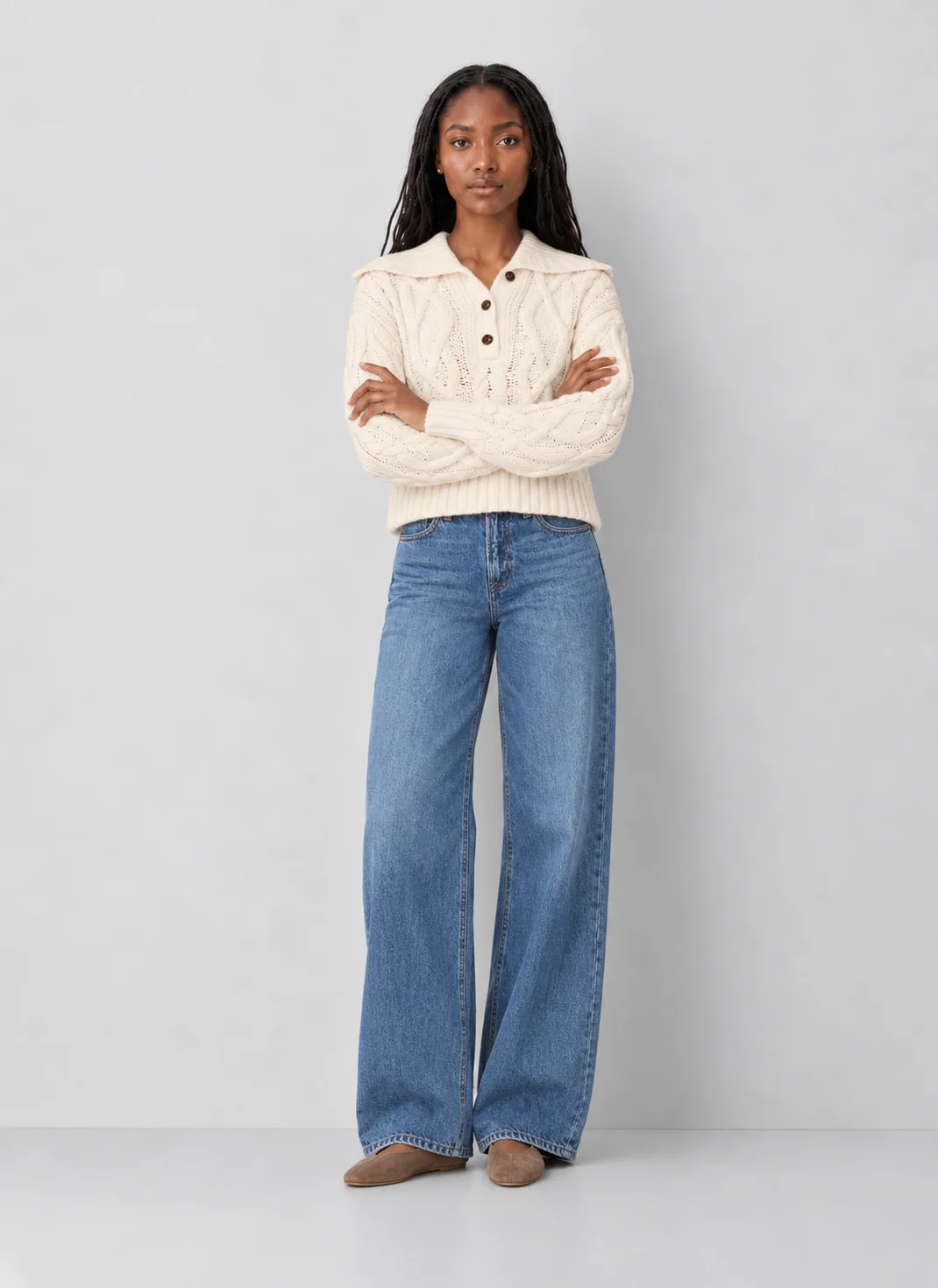 Z Supply Hartwell Cable-Knit Henley with Oversized Collar - kaelova