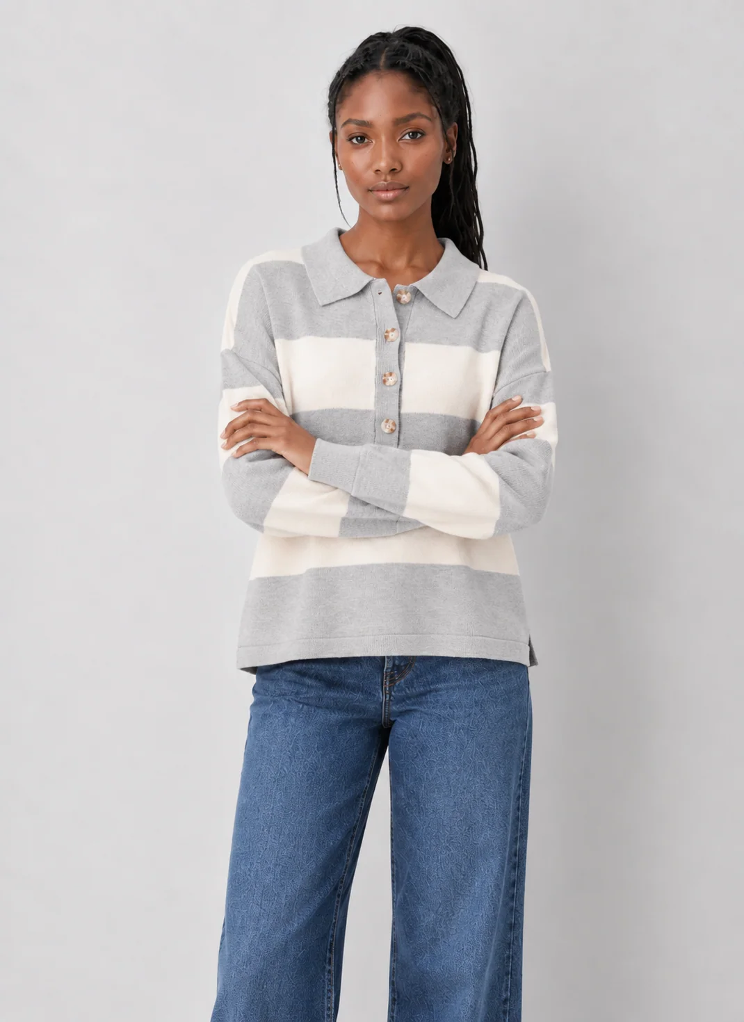 Striped Polo-Collar Sweater with Button Placket, Ellison - kaelova