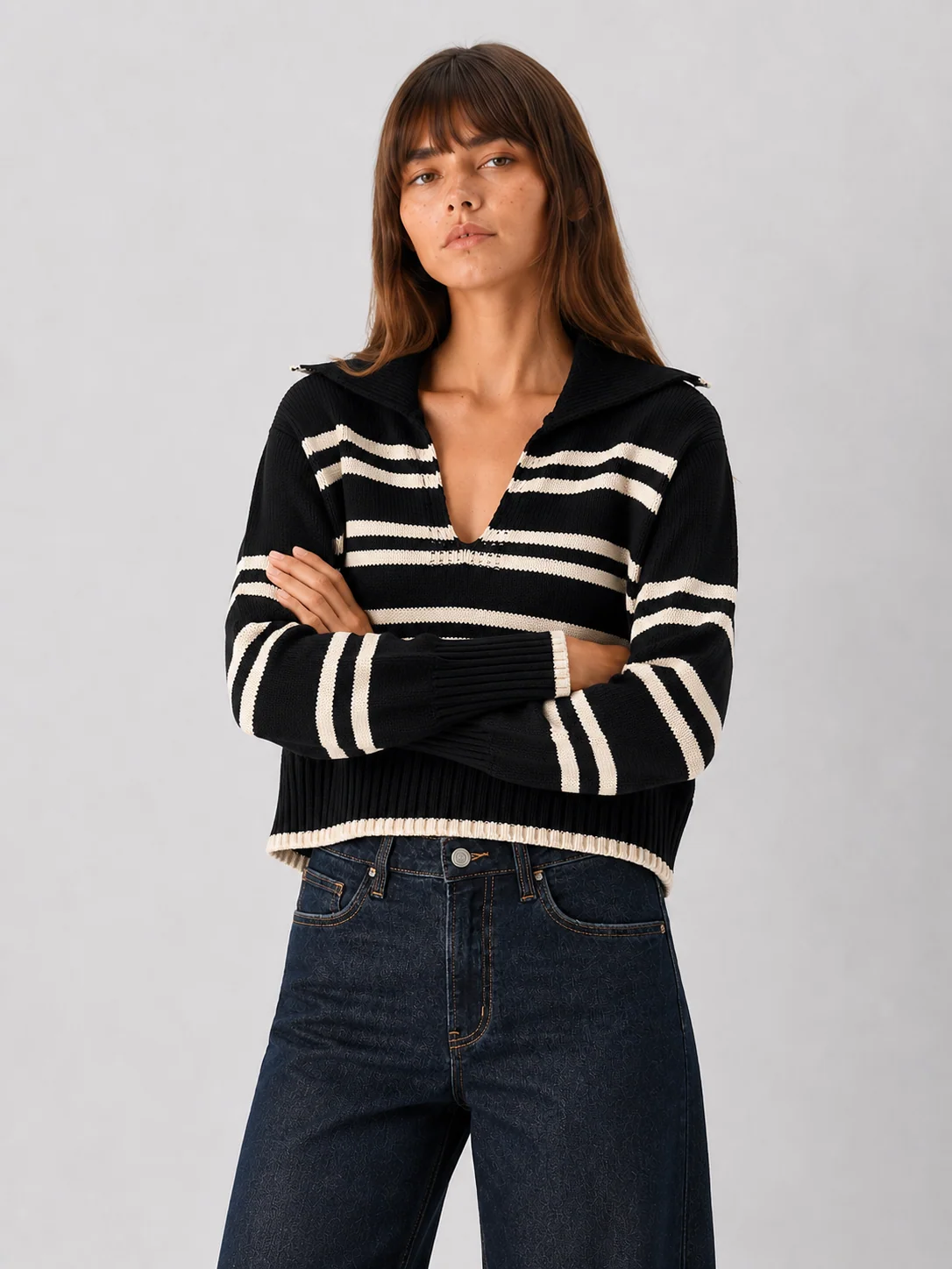 Elan Chloe Black-Cream Striped Cotton Polo Sweater - kaelova