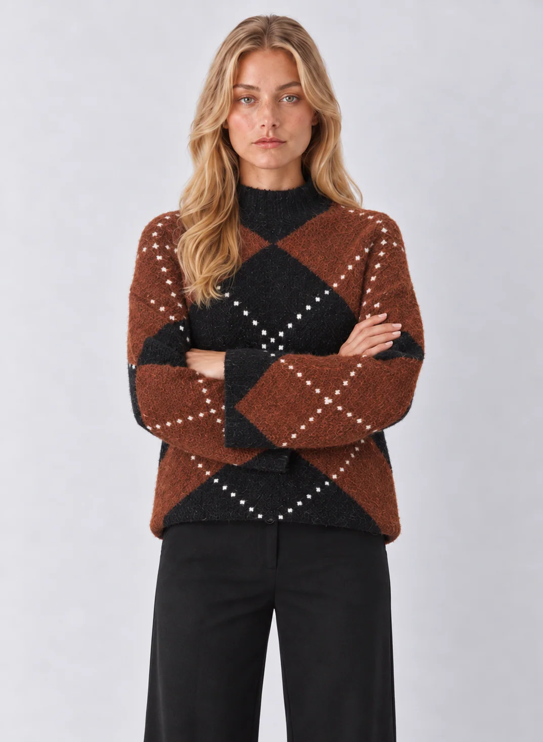 Habitual Argyle Mock-Neck Blended Knit Sweater - kaelova