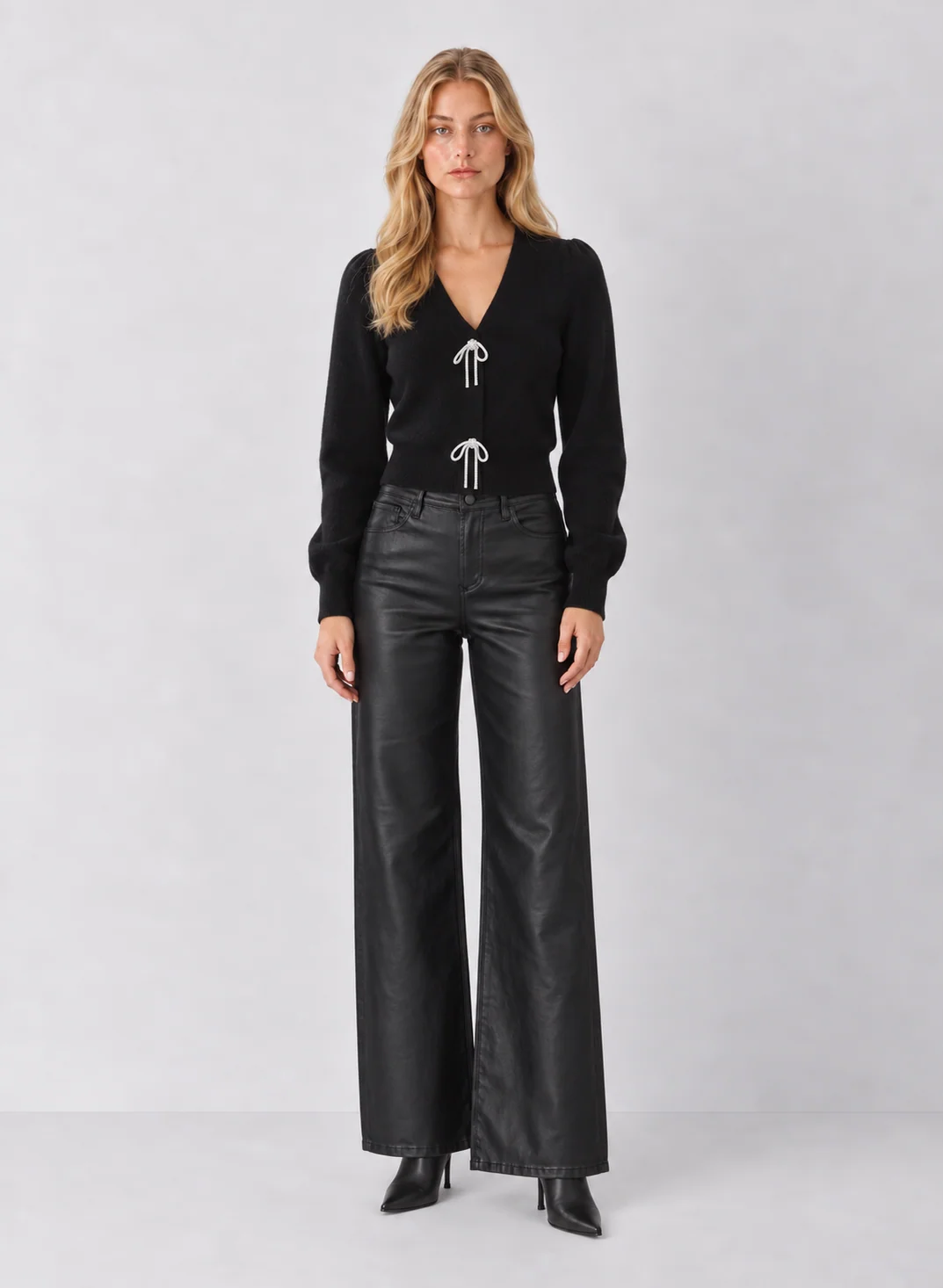 Feminine V-Neck Puff-Sleeve Cardigan with Ribbon Ties - kaelova