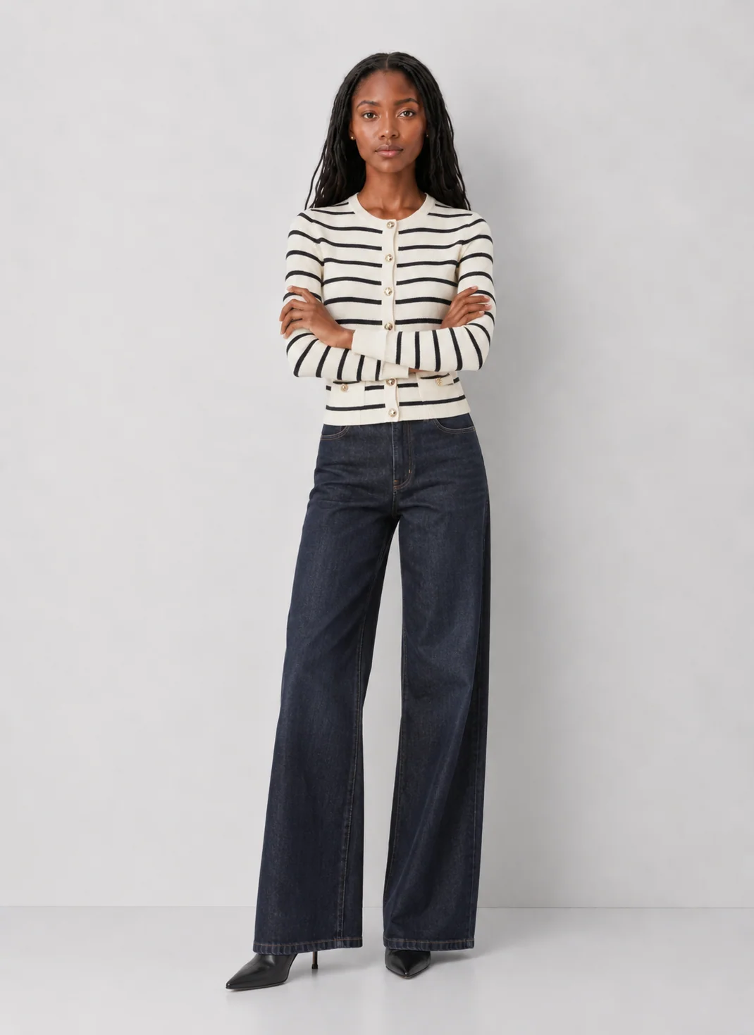 Ivory &amp; Black Striped Cardigan with Gold-Button Pockets - kaelova