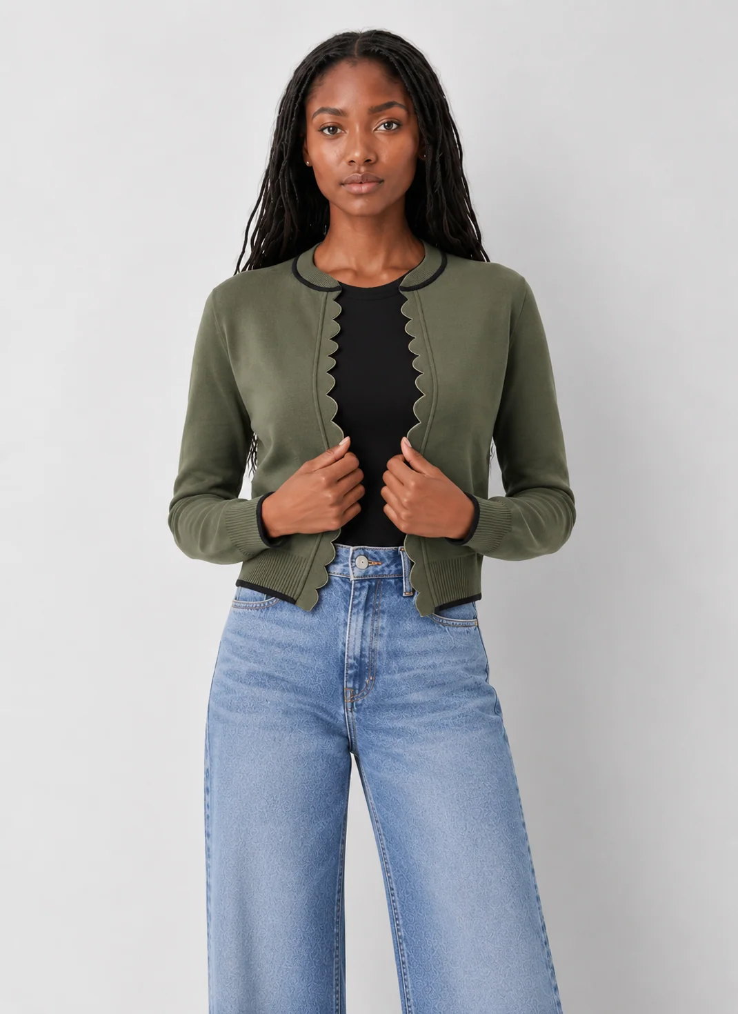 Dear John Zoellie Open-Front Scalloped Edge Knit Cardigan - kaelova