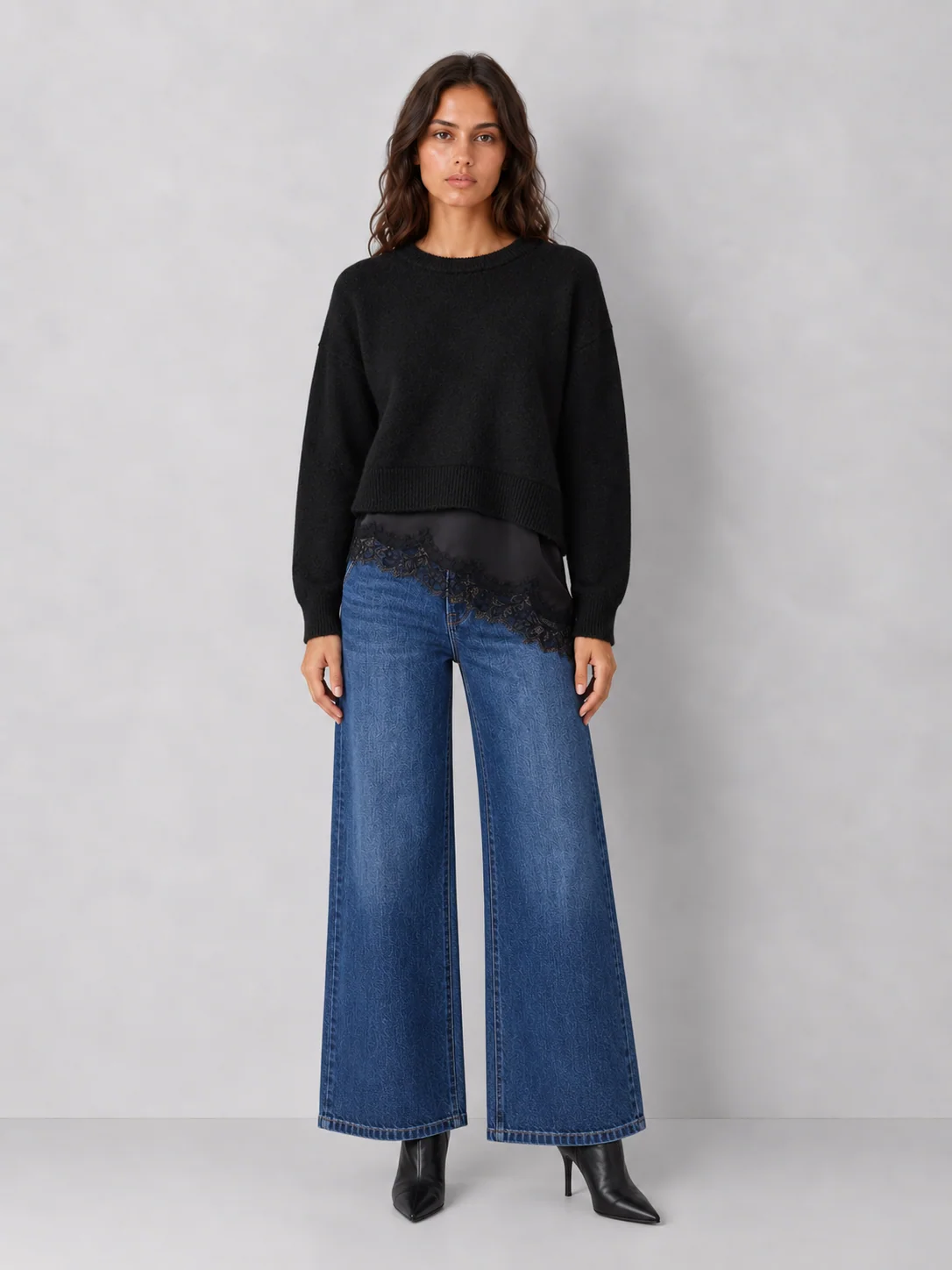 Steve Madden Aries Crewneck Sweater with Delicate Lace Hem - kaelova