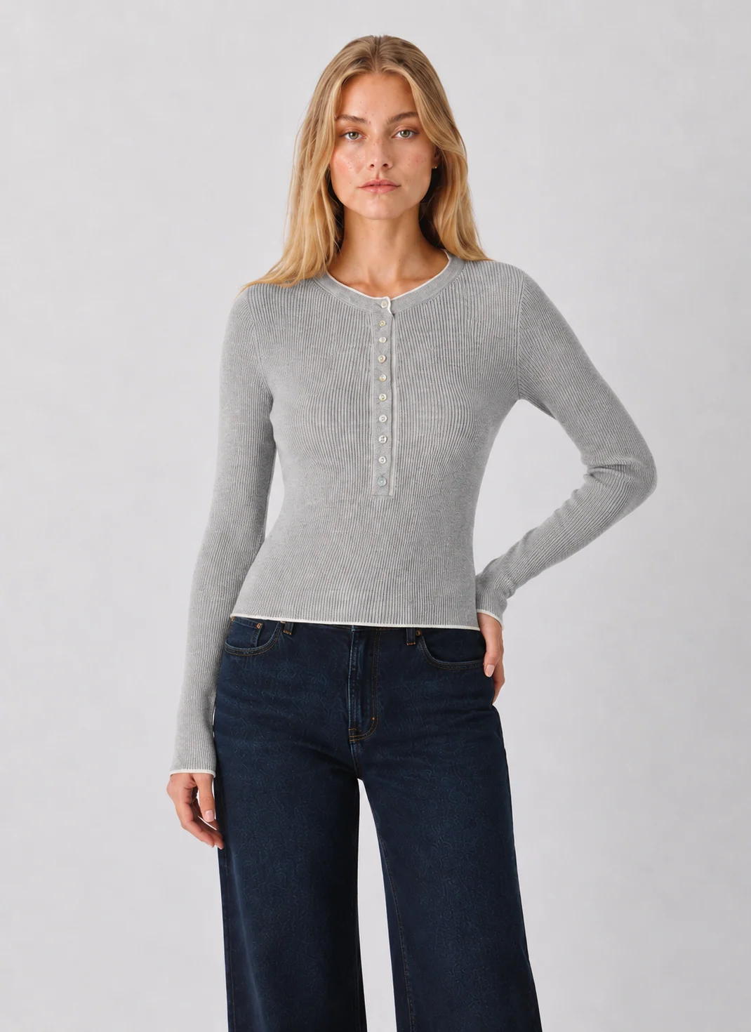 525 Emmeline Fitted Ribbed Henley with Partial Button Front - kaelova