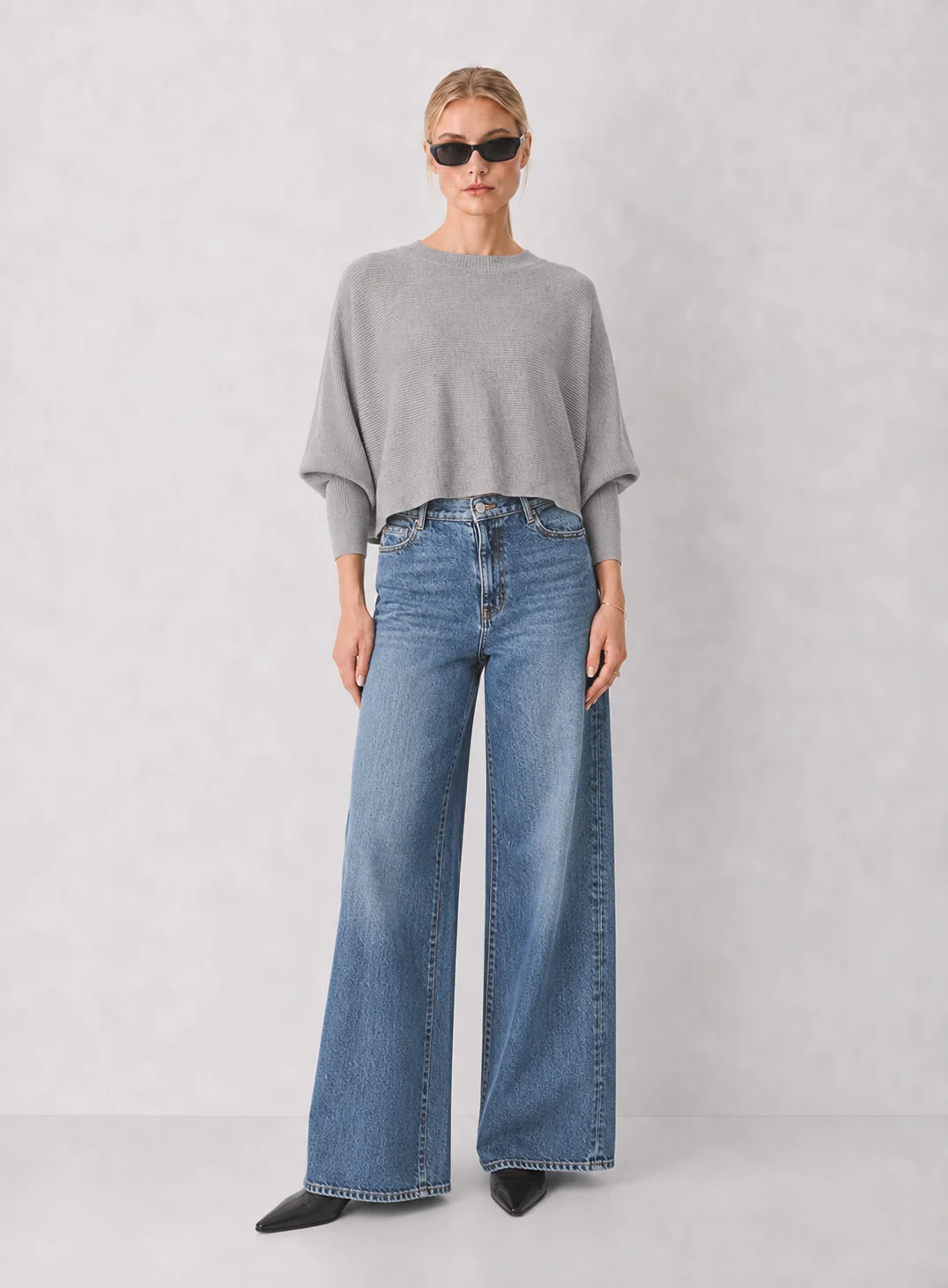 Relaxed Dolman-Sleeve Crewneck Sweater, Lightweight Draped Knit - kaelova