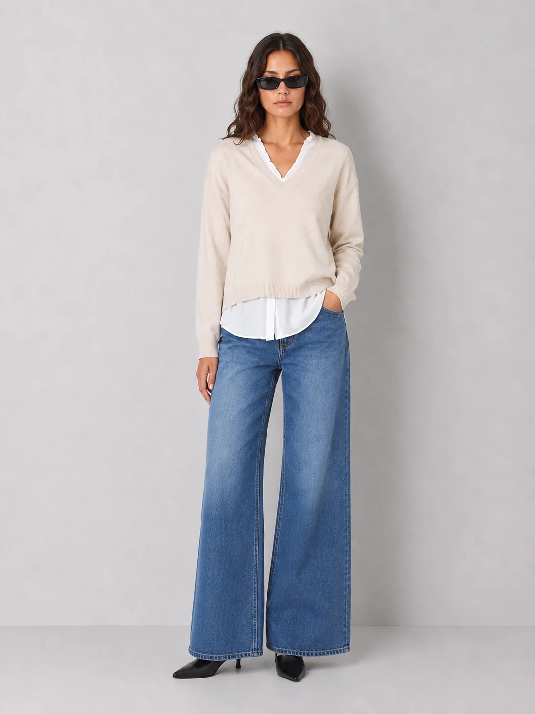 Two-Fabric V-Neck Layered-Look Knit Top - kaelova