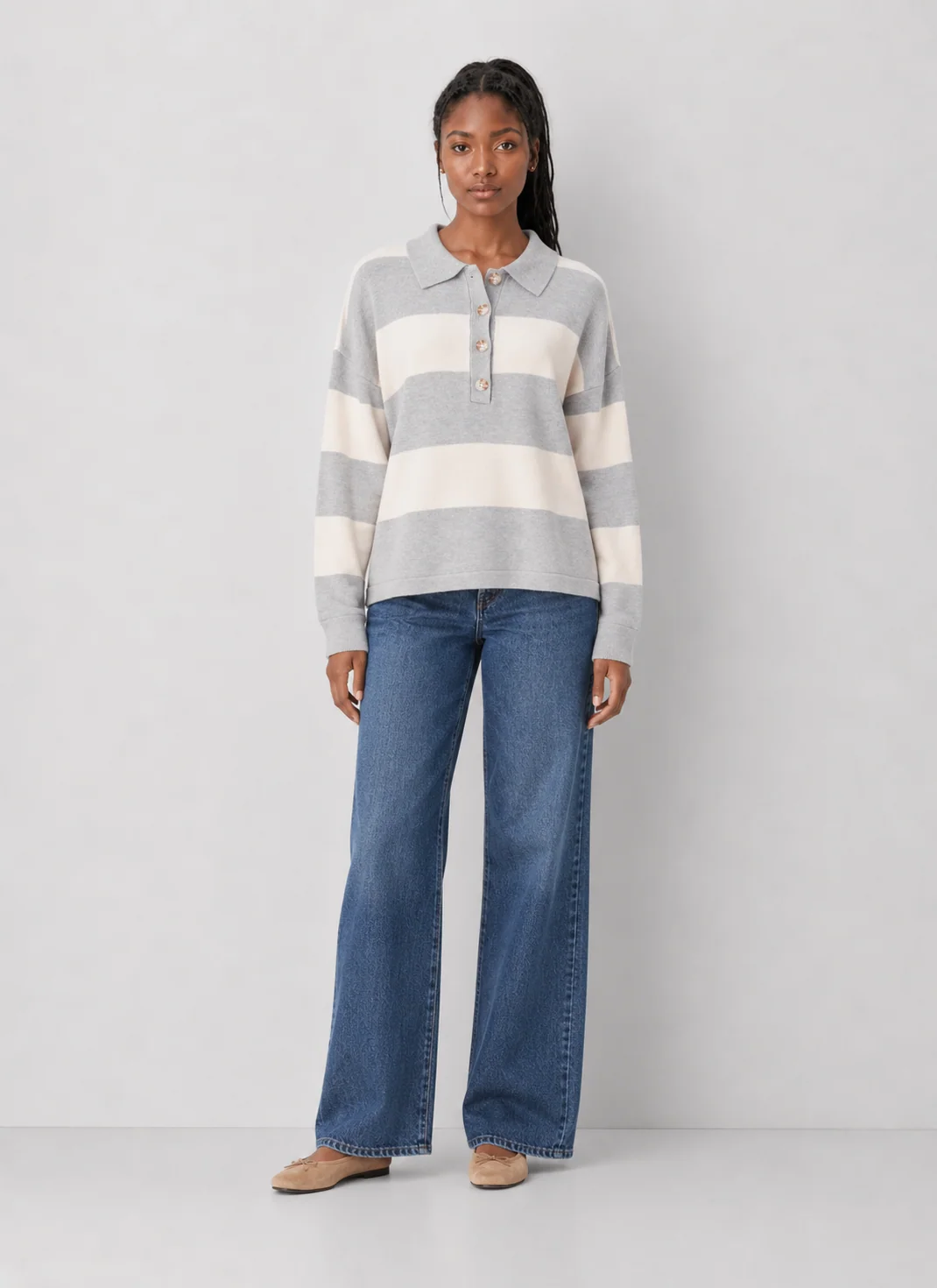 Striped Polo-Collar Sweater with Button Placket, Ellison - kaelova