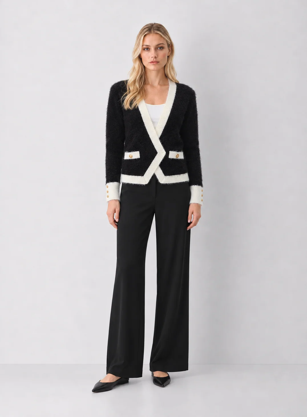 Black Open-Front Cardigan with Ivory Trim & Gold Buttons — Liv - kaelova
