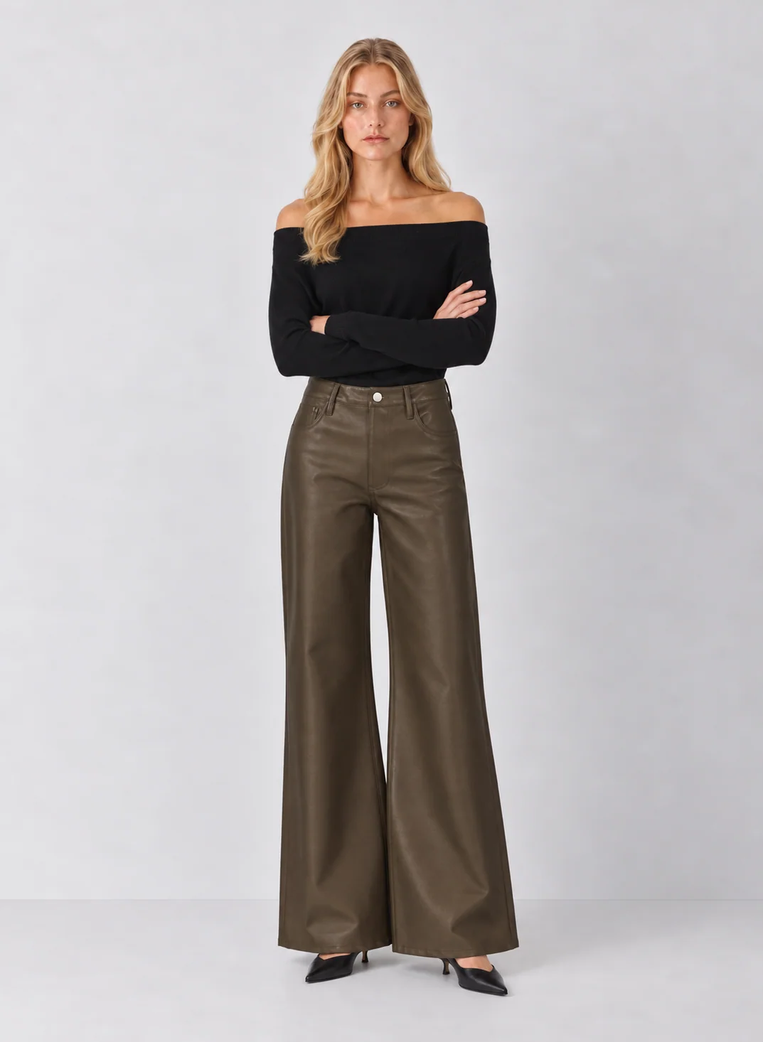 Dear John Fiona Wide Leg Leather Jeans - Oakmoss