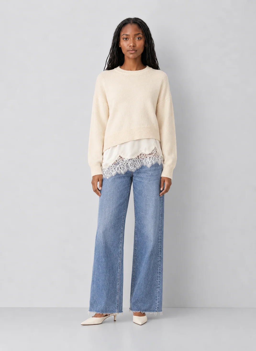 Steve Madden Aries Crewneck Sweater with Delicate Lace Hem - kaelova