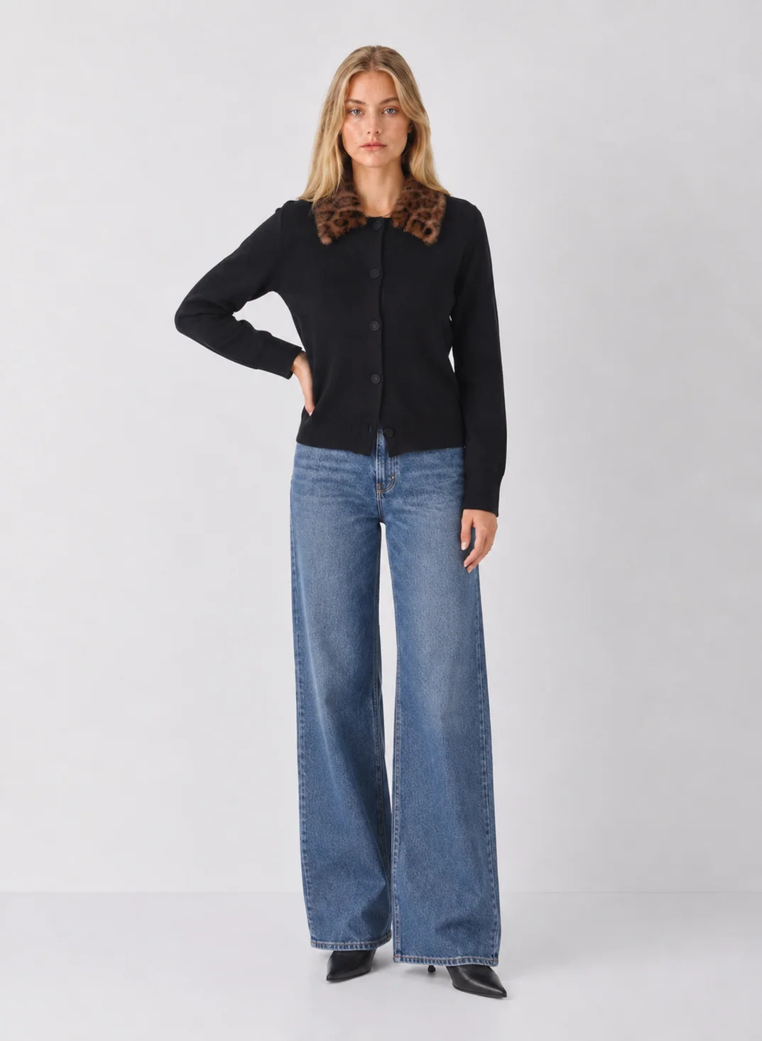 Knit Cardigan with Removable Leopard Faux Fur Collar - kaelova