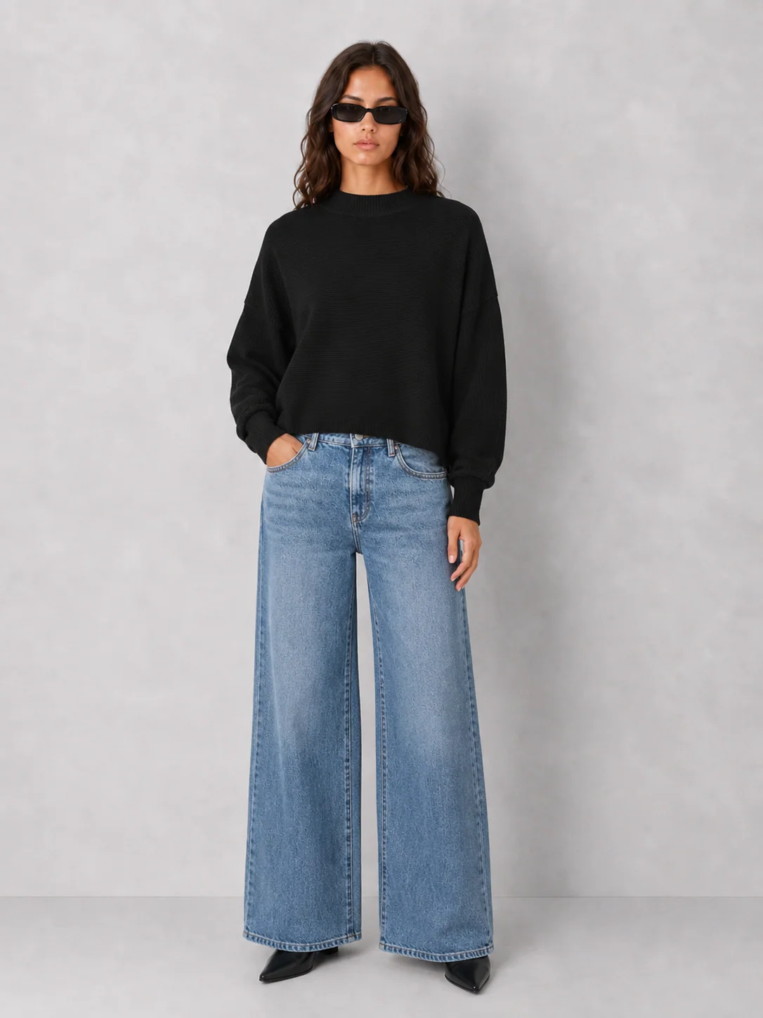 Relaxed Dolman-Sleeve Crewneck Sweater, Lightweight Draped Knit - kaelova