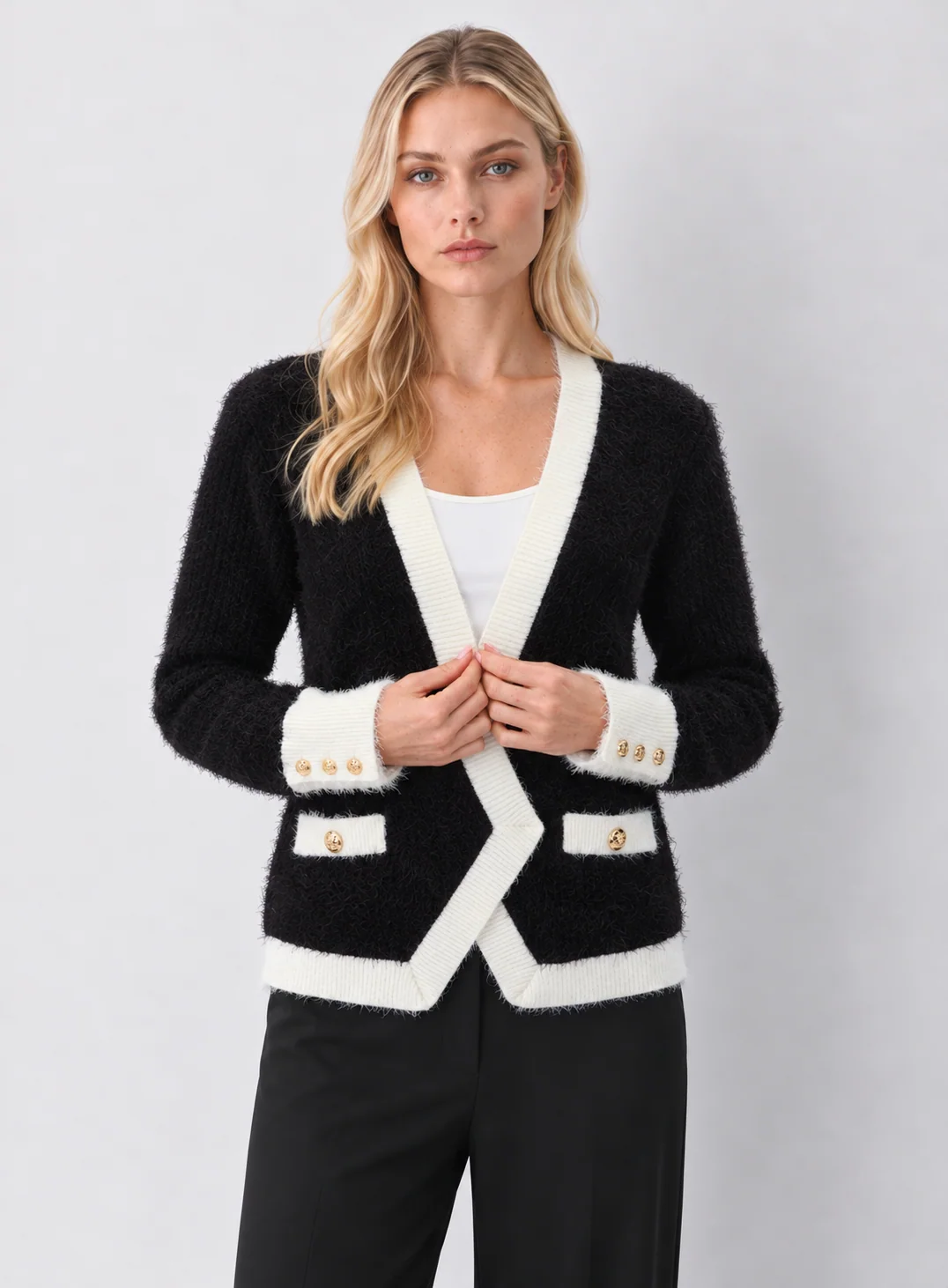 Black Open-Front Cardigan with Ivory Trim &amp; Gold Buttons — Liv - kaelova
