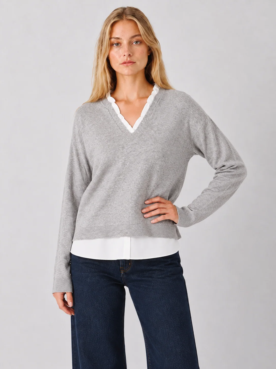 Two-Fabric V-Neck Layered-Look Knit Top - kaelova