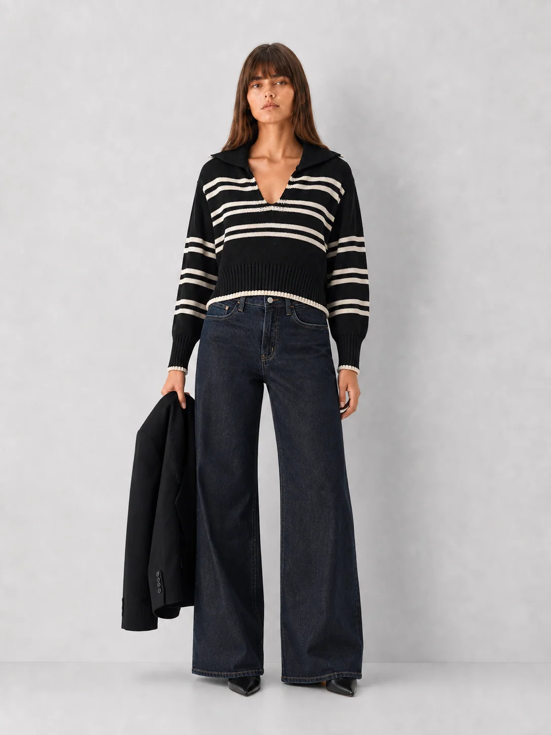 Elan Chloe Black-Cream Striped Cotton Polo Sweater - kaelova