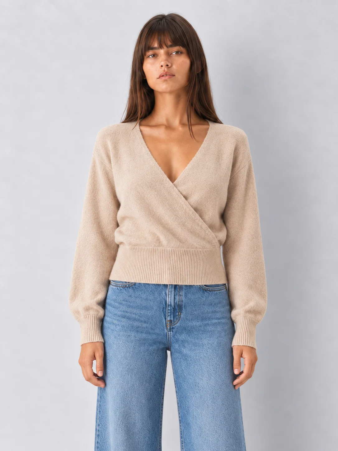 Fitted Wrap-Front V-Neck Stretch Knit Sweater - kaelova