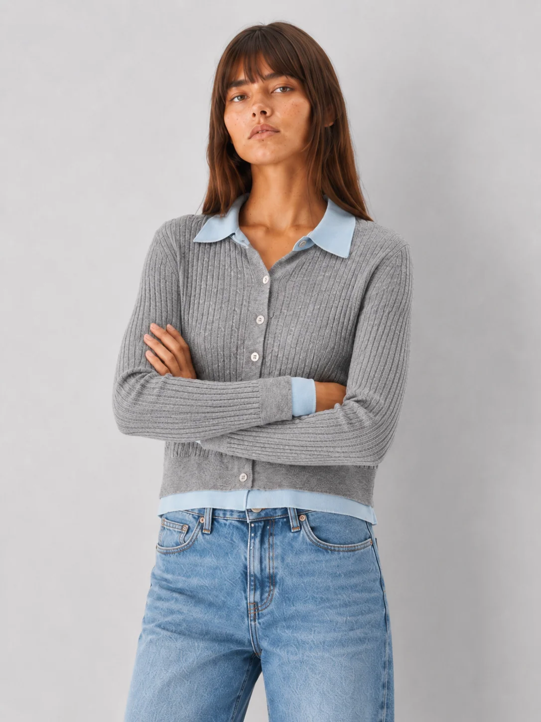 Grey Ribbed Cardigan with Blue Contrast Collar & Trim - kaelova