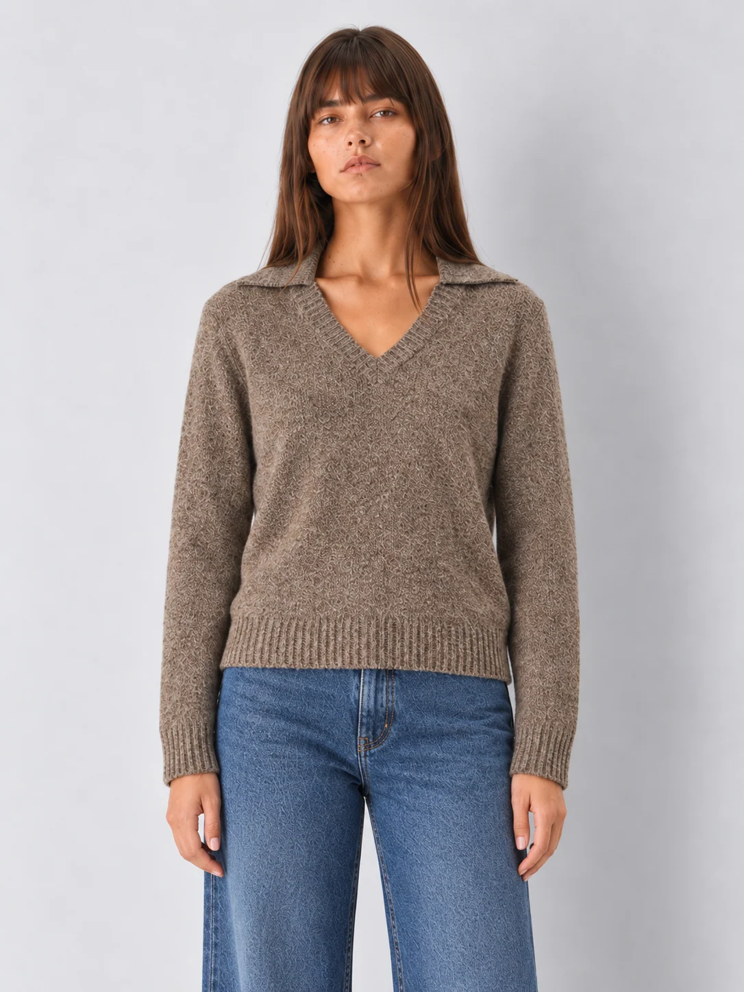 Collared V-Neck Blended Knit Pullover Sweater - kaelova