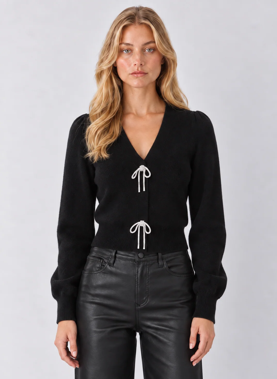 Feminine V-Neck Puff-Sleeve Cardigan with Ribbon Ties - kaelova