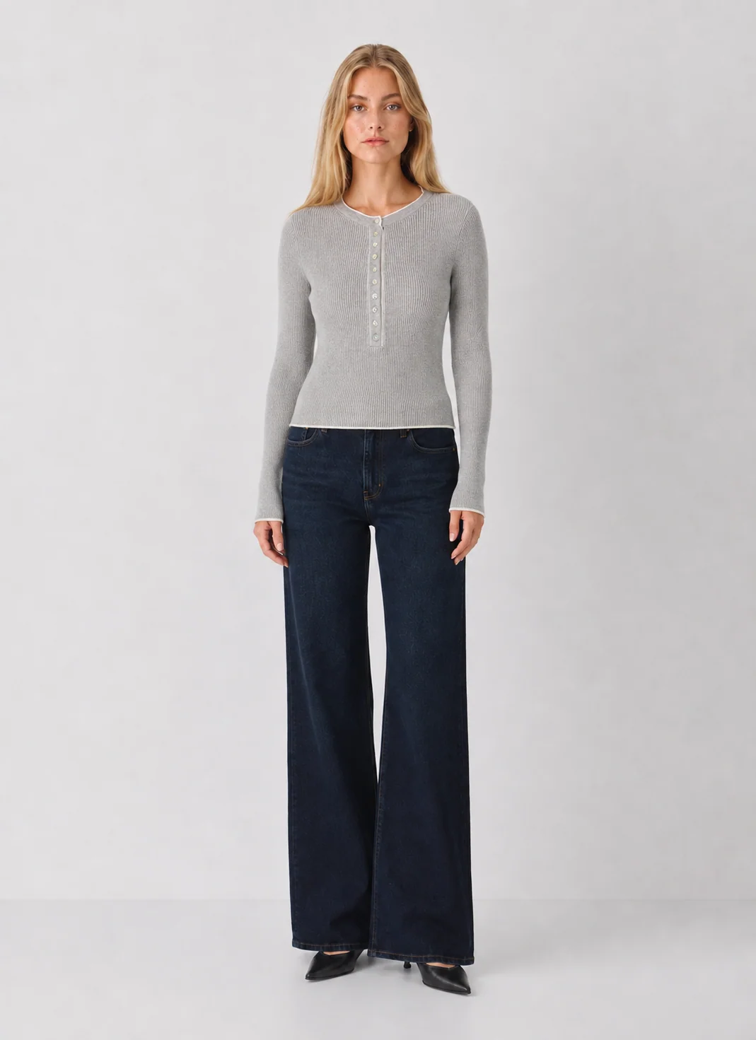 525 Emmeline Fitted Ribbed Henley with Partial Button Front - kaelova
