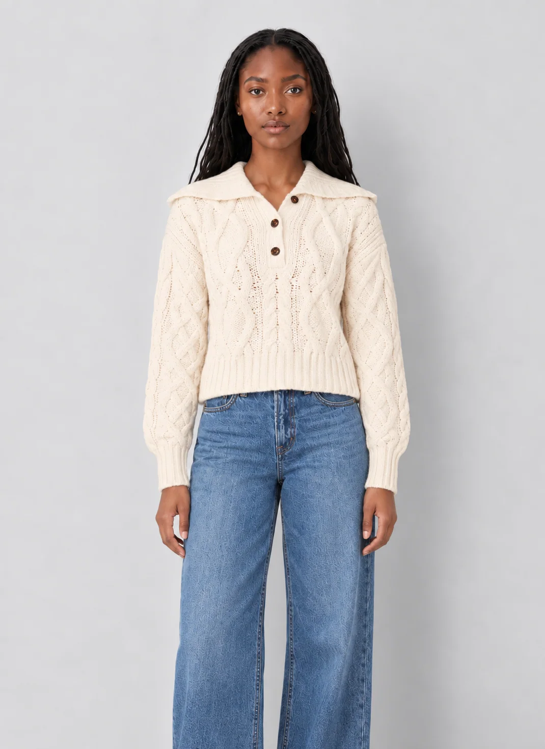 Z Supply Hartwell Cable-Knit Henley with Oversized Collar - kaelova