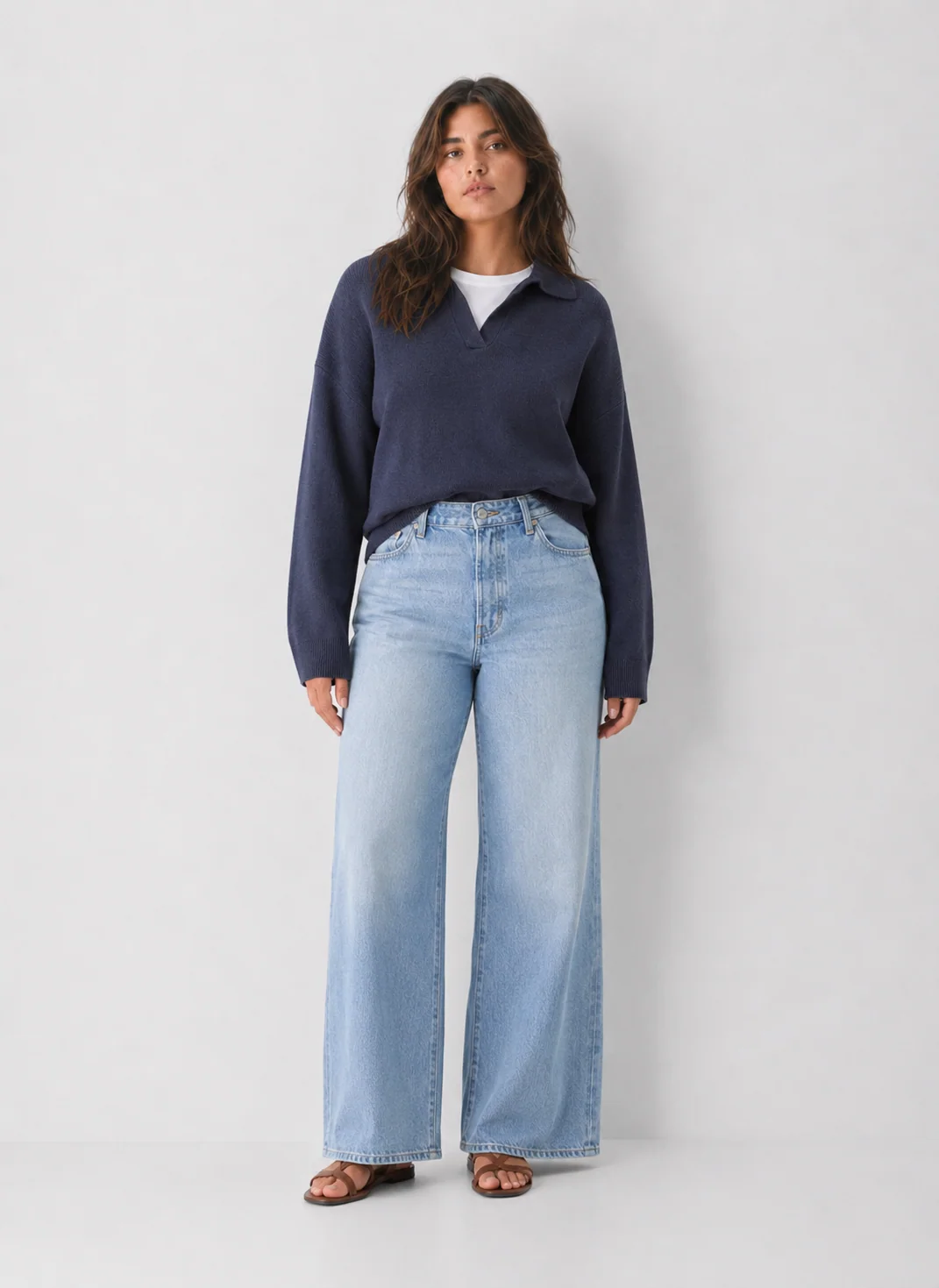 Dropped-Shoulder Open-Collar Pullover Sweater in Premium Knit - kaelova