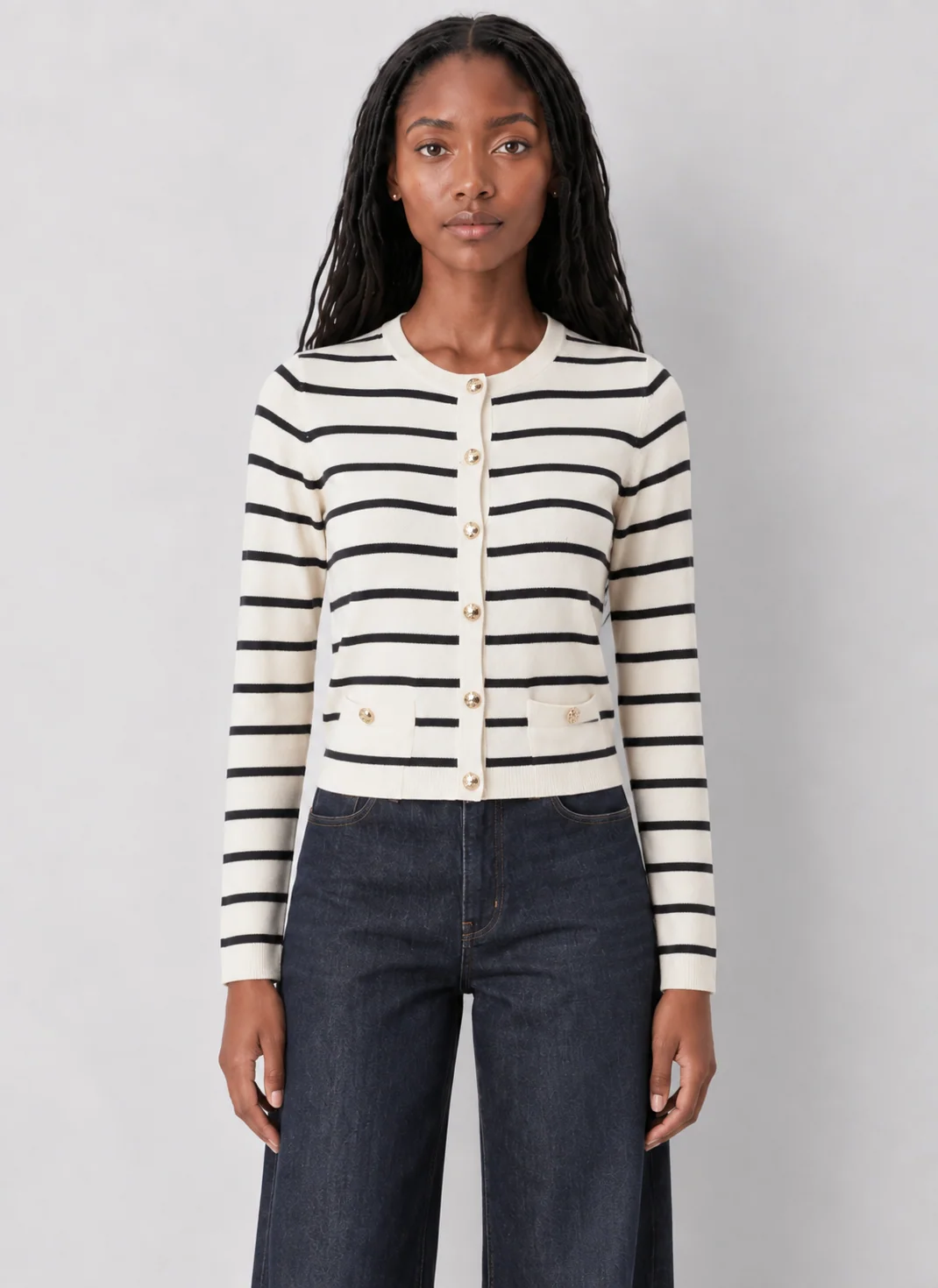 Ivory & Black Striped Cardigan with Gold-Button Pockets - kaelova
