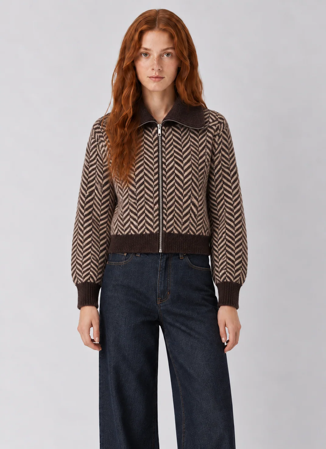 Habitual Herringbone Zip-Front Stretch-Knit Cardigan Jacket - kaelova