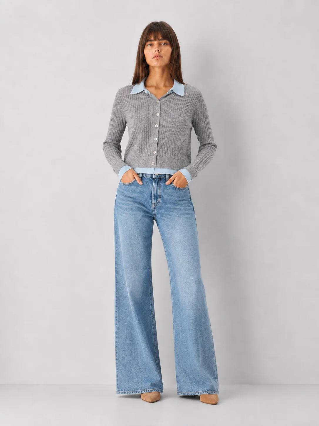 Grey Ribbed Cardigan with Blue Contrast Collar & Trim - kaelova