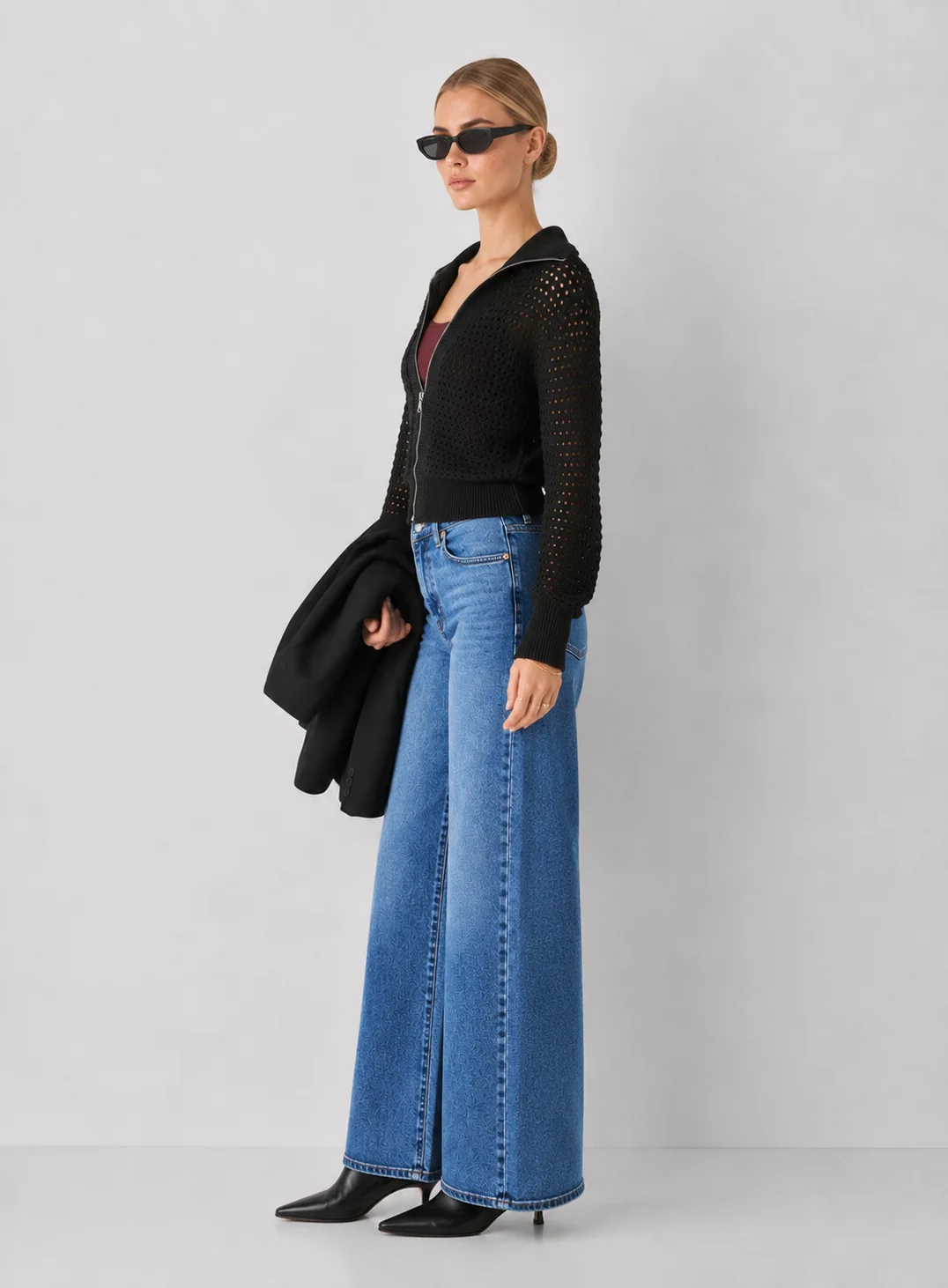 Elan Stevie Black Zip-Front Open-Knit Cardigan - kaelova