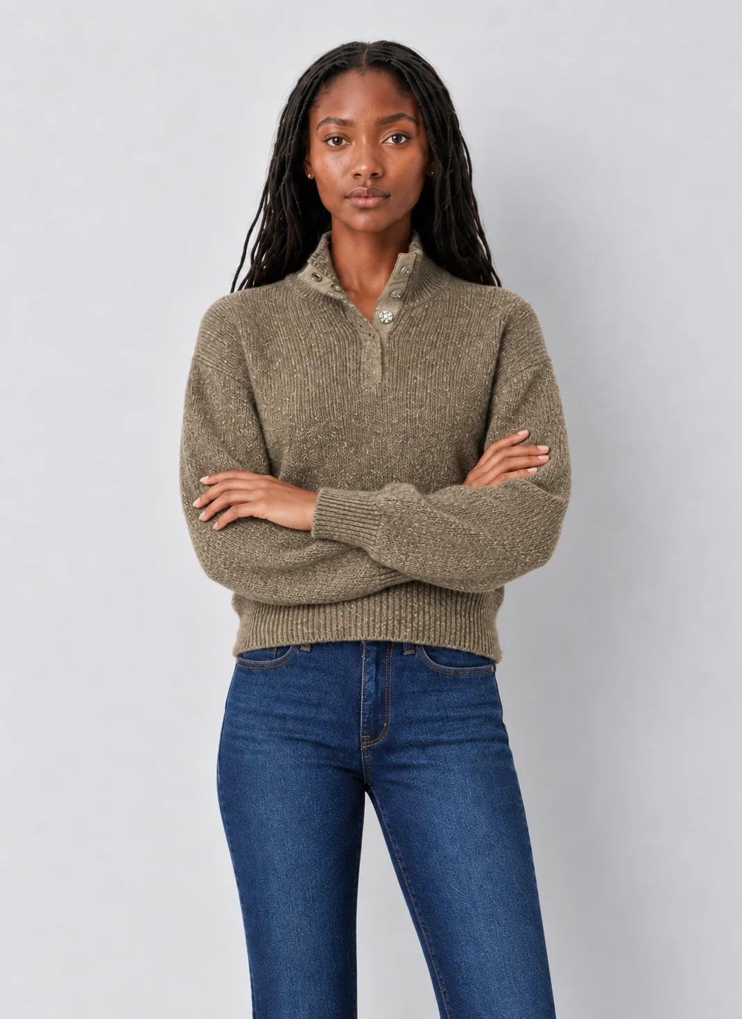 525 Oversized Stand-Collar Snap-Front Henley Sweater - kaelova