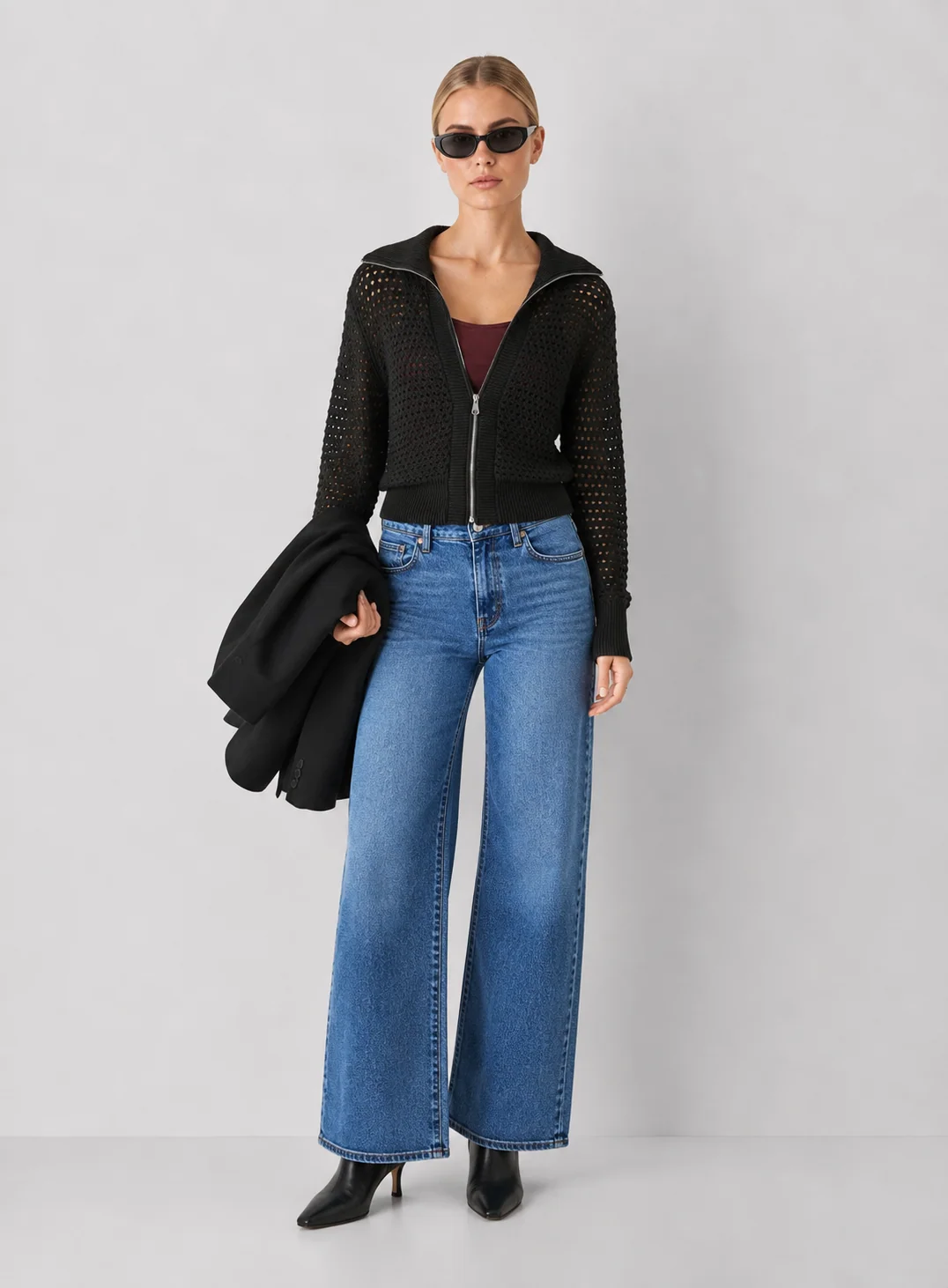 Elan Stevie Black Zip-Front Open-Knit Cardigan - kaelova