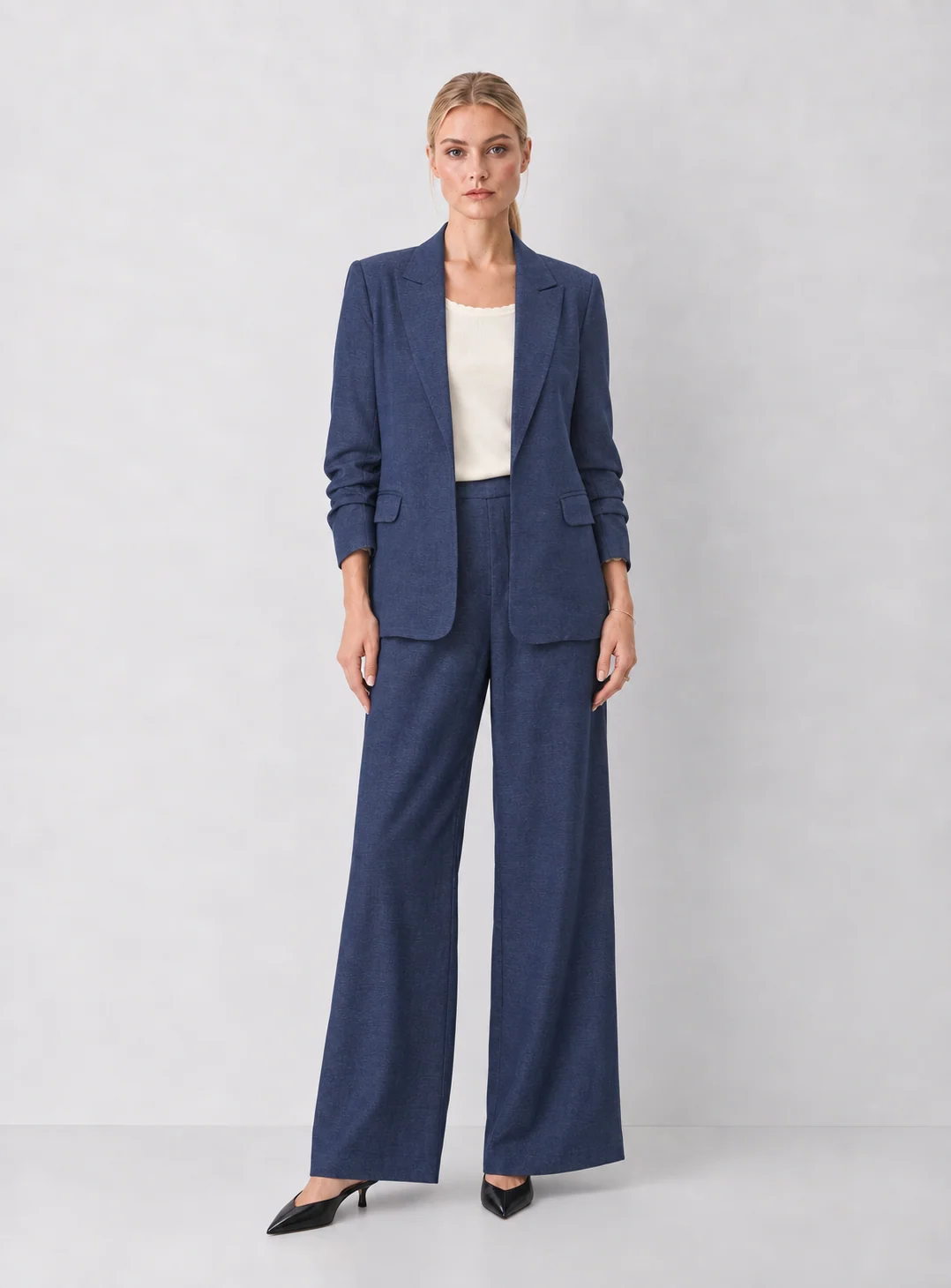 Denim Ruched Sleeve Blazer