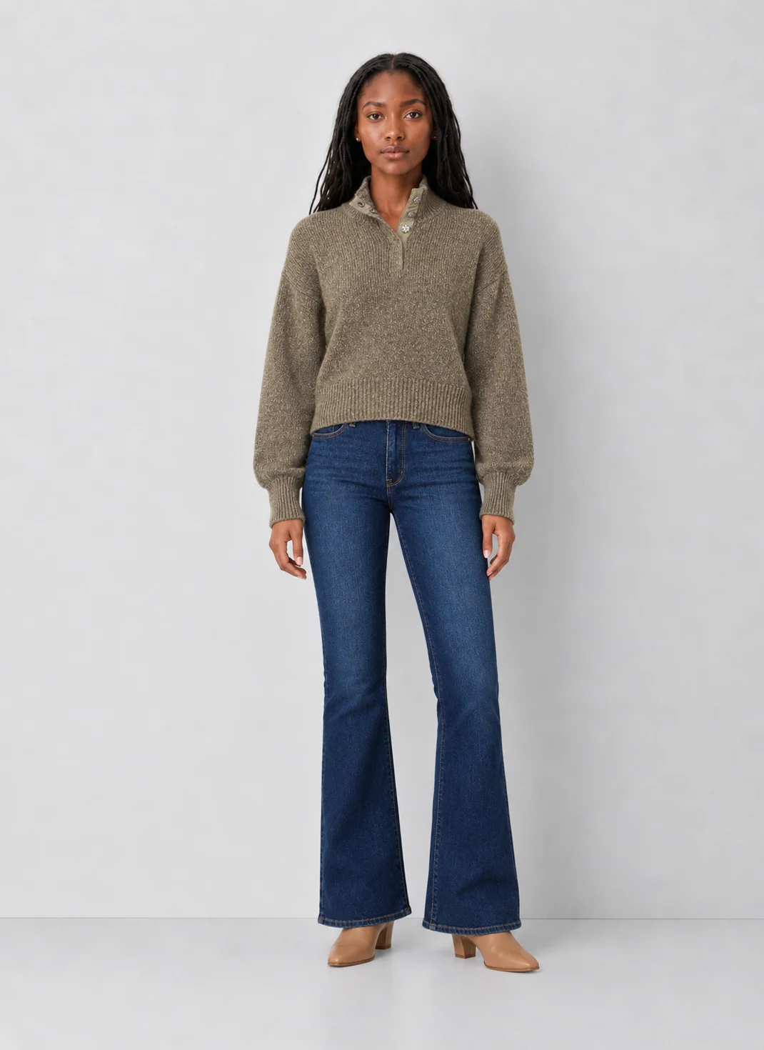 525 Oversized Stand-Collar Snap-Front Henley Sweater - kaelova