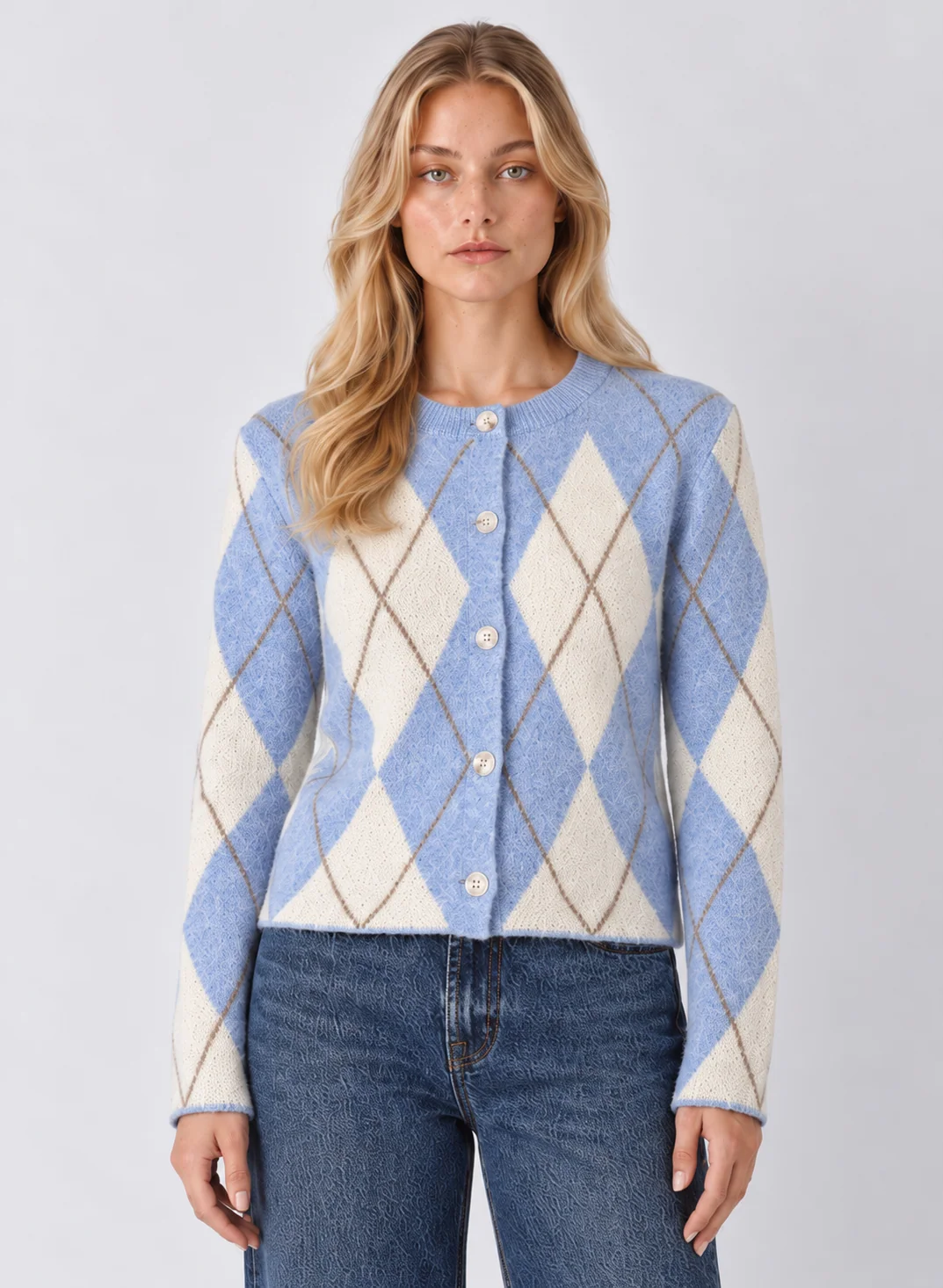 Timeless Argyle Pattern Button-Front Knit Cardigan - kaelova