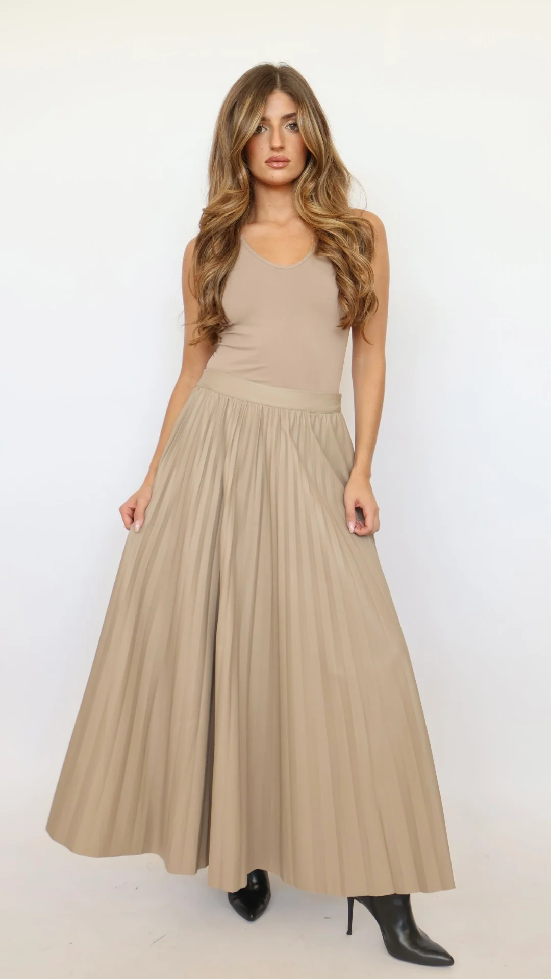 Pleated Vegan Leather Maxi Skirt