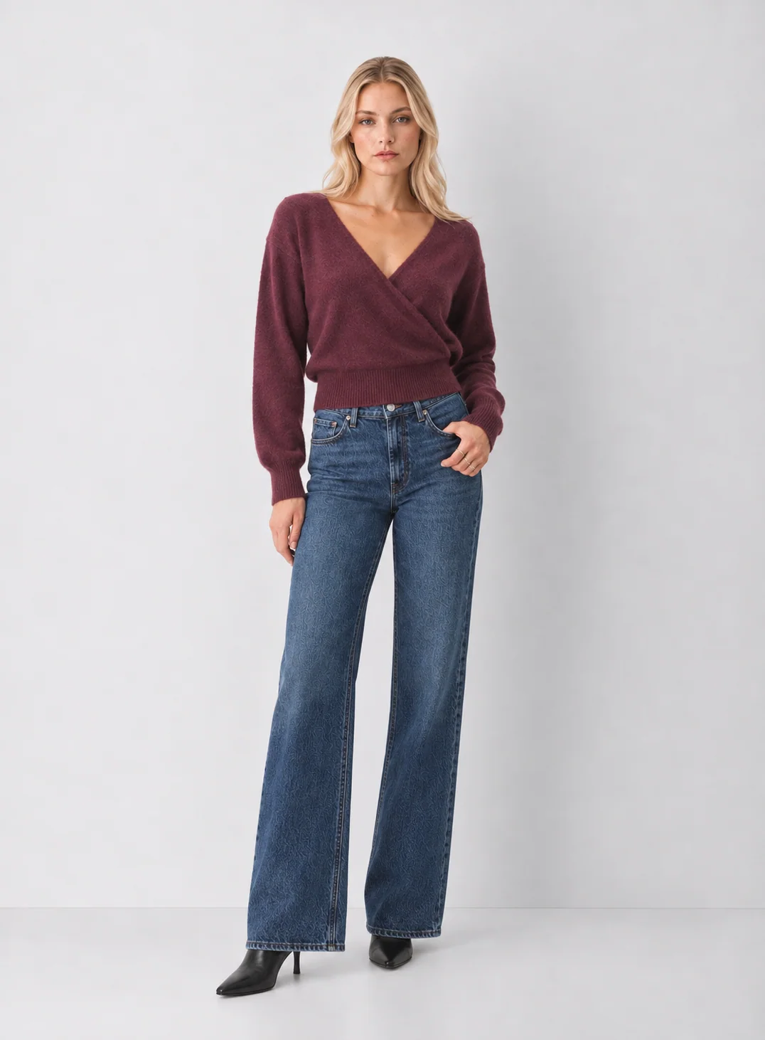 Fitted Wrap-Front V-Neck Stretch Knit Sweater - kaelova